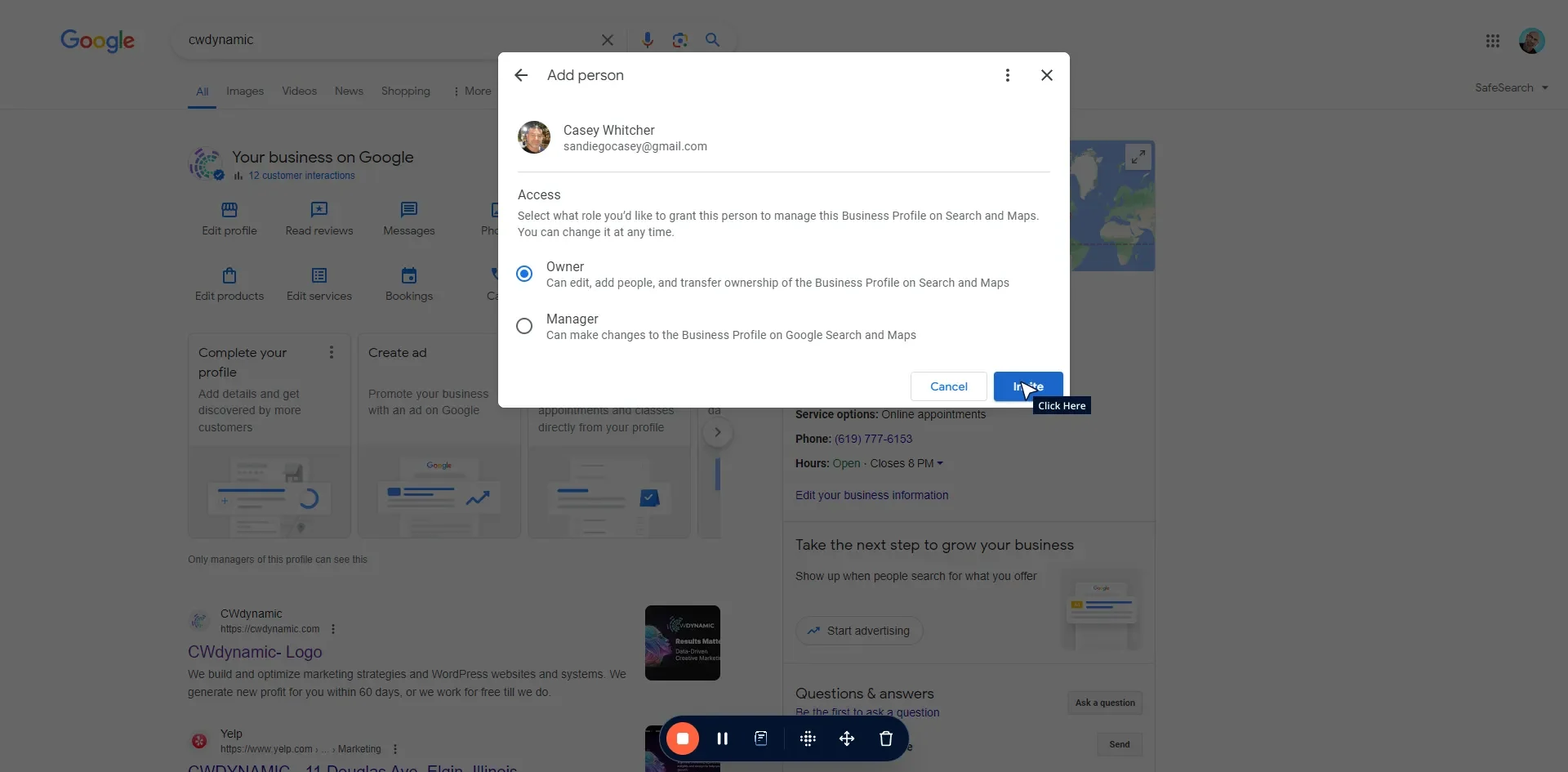 Hit enter, or click on the person if their email comes up.