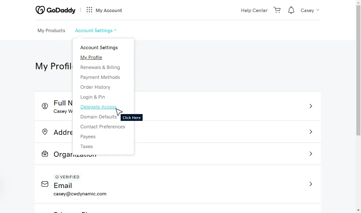Add GoDaddy Delegate Access Tutorial Step