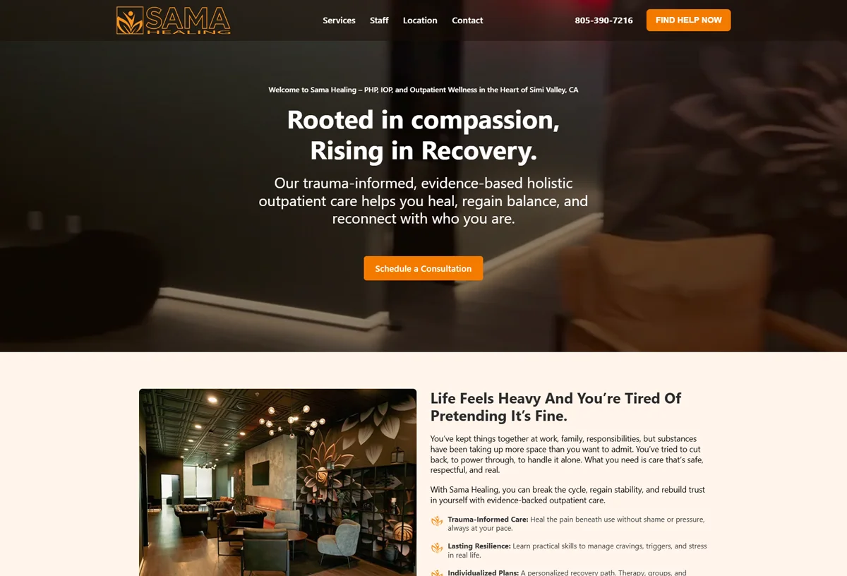 Sama Healing website — outpatient wellness and therapy practice, built by CW Dynamic