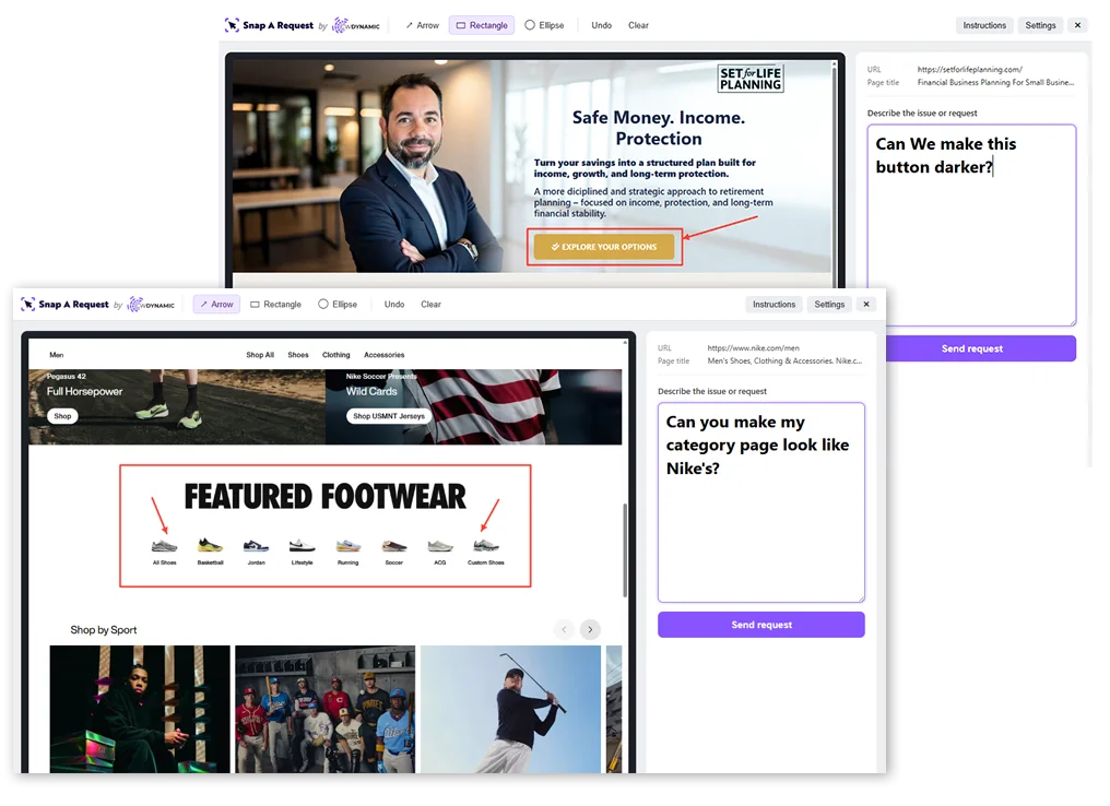 Snap A Request in action — a screenshot with a red arrow and a typed note in the side panel