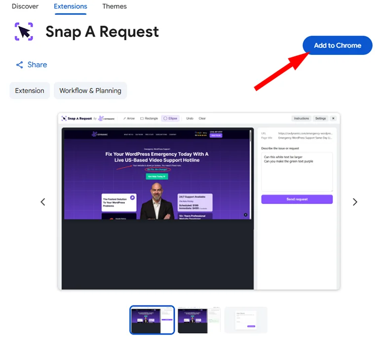 Chrome Web Store listing with a red arrow pointing to the blue Add to Chrome button