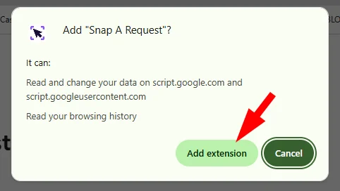 Chrome permission dialog with a red arrow pointing to the Add extension button