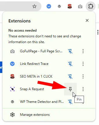 Chrome extensions menu with a red arrow pointing to the pin icon next to Snap A Request