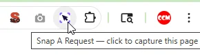 Close-up of the Chrome toolbar showing the Snap A Request icon with a tooltip reading click to capture this page